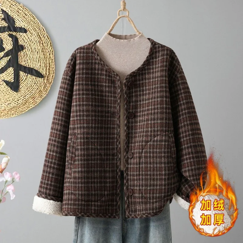Women's Vintage Plaid Fleece Jacket - Thickened Warm Cotton Coat for Winter, Casual Overshirt with Soft Lining J064