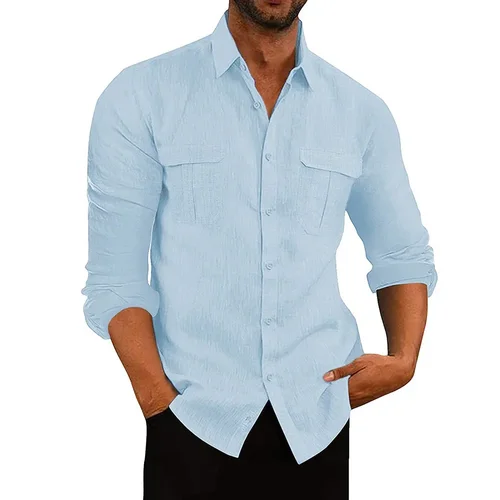 Imagen 2 del producto Nueva camisa de Material de lino y algodón para hombre, camisa informal transpirable de manga larga con dos bolsillos, Tops de Color sólido con solapa para hombre