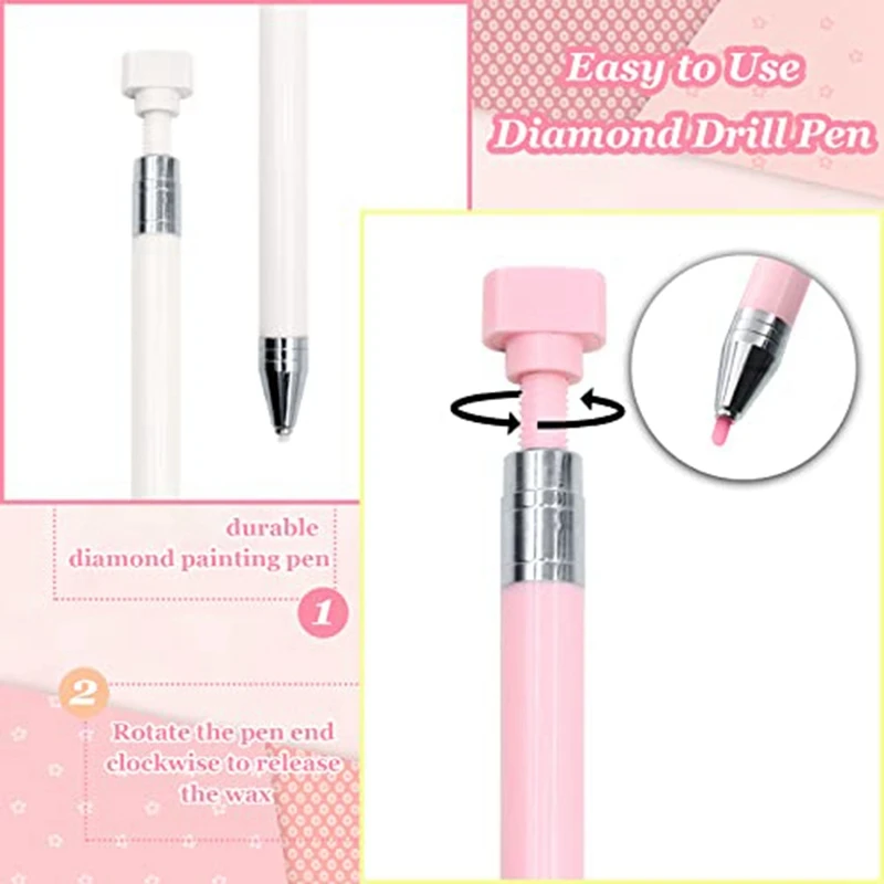 34 Pcs Diamond Painting Pens Rotating Glue Point Drill Pen Set 2 Pcs Refillable Wax Pen With 32 Pcs Wax (Pink)