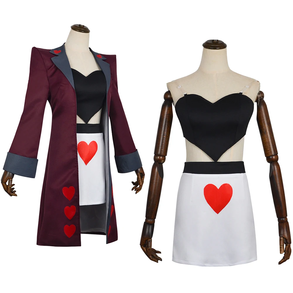 Hell Inn 2 المخملية تأثيري معطف أحمر أسود القلب أعلى زي موحد الكبار ملابس حريمي مجموعة ملابس حفلة الهالوين كرنفال