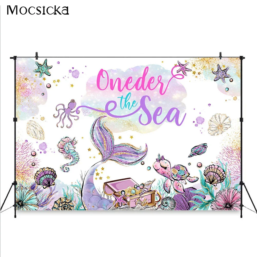 Mocsicka Mermaid Sea Treasure Adventure Theme Background Girl Kid Baby One Birthday Party Banner Backdrop Shiny Photography Prop