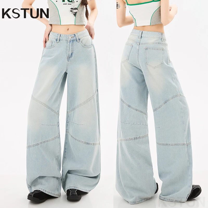 

KSTUN 2026 Spring Summer Light Blue Wide Leg Jeans For Women Straight Loose Patchwork Lyocell Jeans Breathable Vintage Trousers