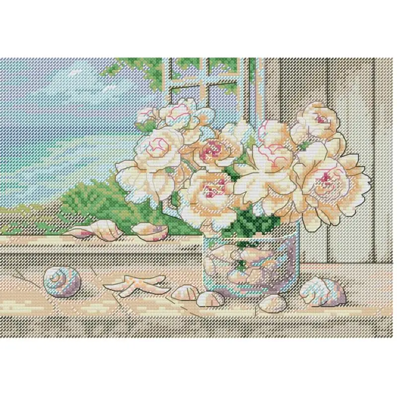 Seaside Windowsill Landscape Cross Stitch Kit DIY Handmade Embroidery Aida 14CT White Cloth 16CT 11CT Stamped Fabric Sewing Kit