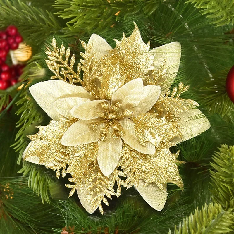 10/5 pz 15 cm Glitter Fiori Di Natale Artificiale Poinsettia Testa di Fiore Albero di Natale Ornamento Decorazione Della Casa Navidad capodanno