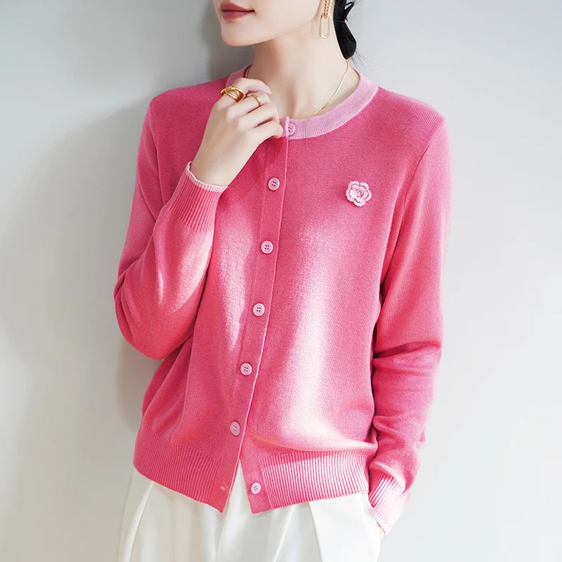 

Early Spring New 2025 Women's Knitted Cardigan Elegant Round Neck Long Sleeve Sweater Female Rose Decoration Single-breasted Top