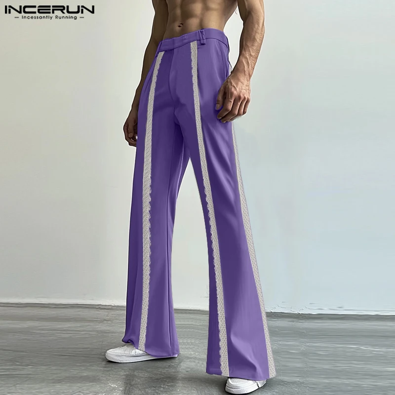 Stylish Men Trousers INCERUN 2024 Lace Splicing Straight Leg Design Long Pants Male Leisure Clubwear Hot Selling Pantalons S-5XL