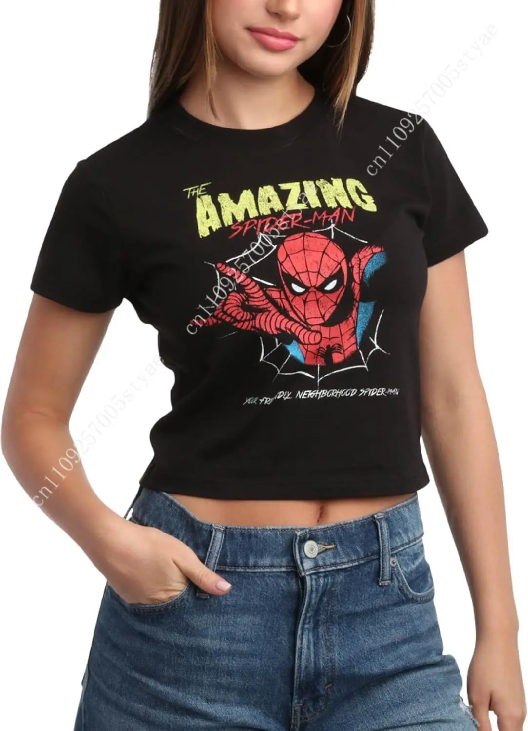 

Marvel Spider-Man Womens Graphic Tees - Cropped Baby Tee, Tank Top, and Full Length Crewneck Retro Graphic Shirts for Women