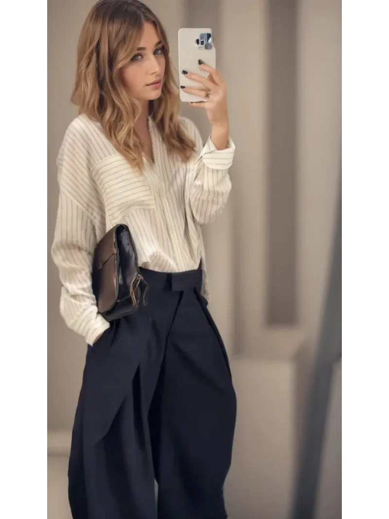 

Осенние темпераментные повседневные свободные брюки для женщин, новинка 2025, модные элегантные женские свободные полосатые широкие длинные брюки