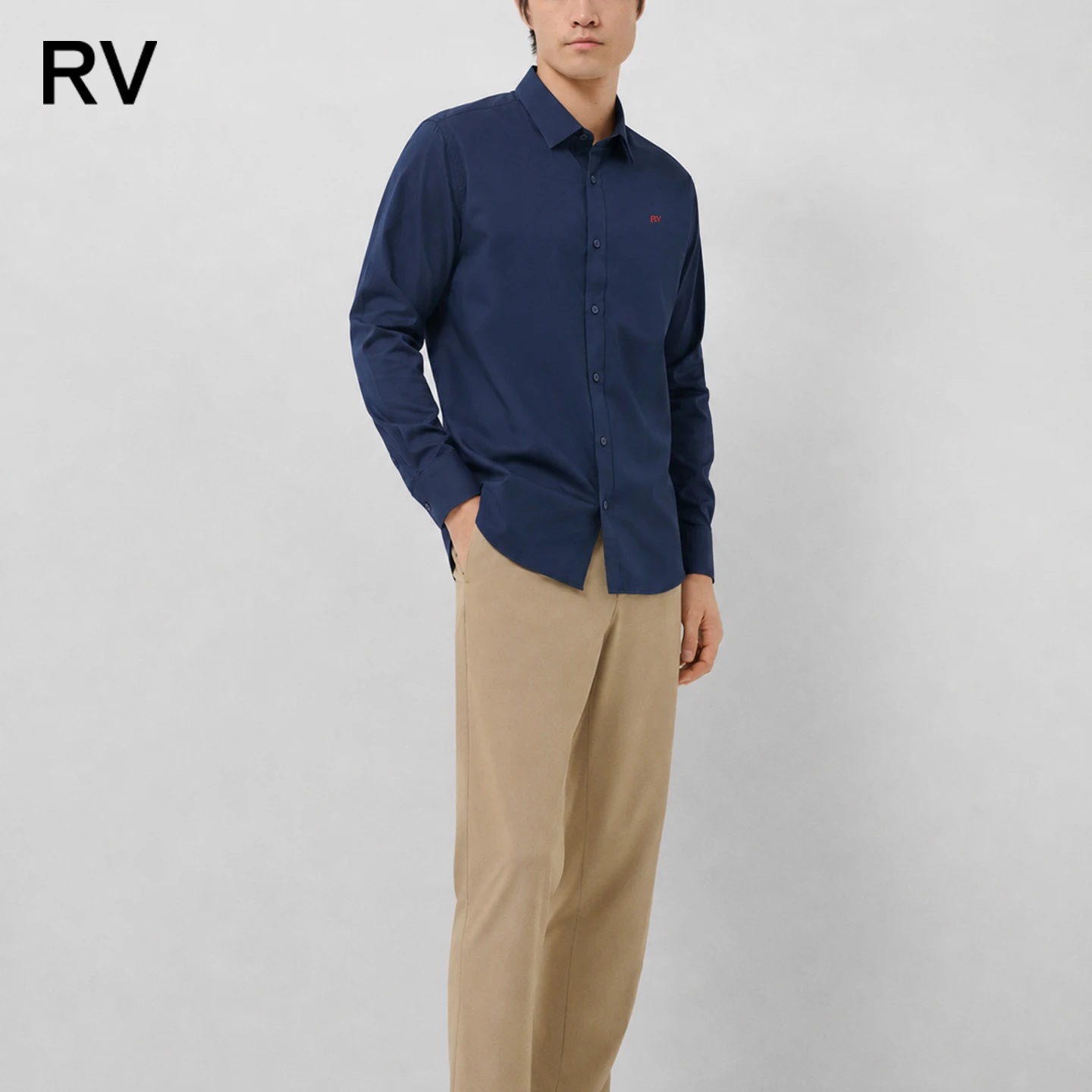 RV Men's Long Sleeve Dress Shirt Solid Navy Blue Button Down Casual Business Office Formal Shirt Slim Fit