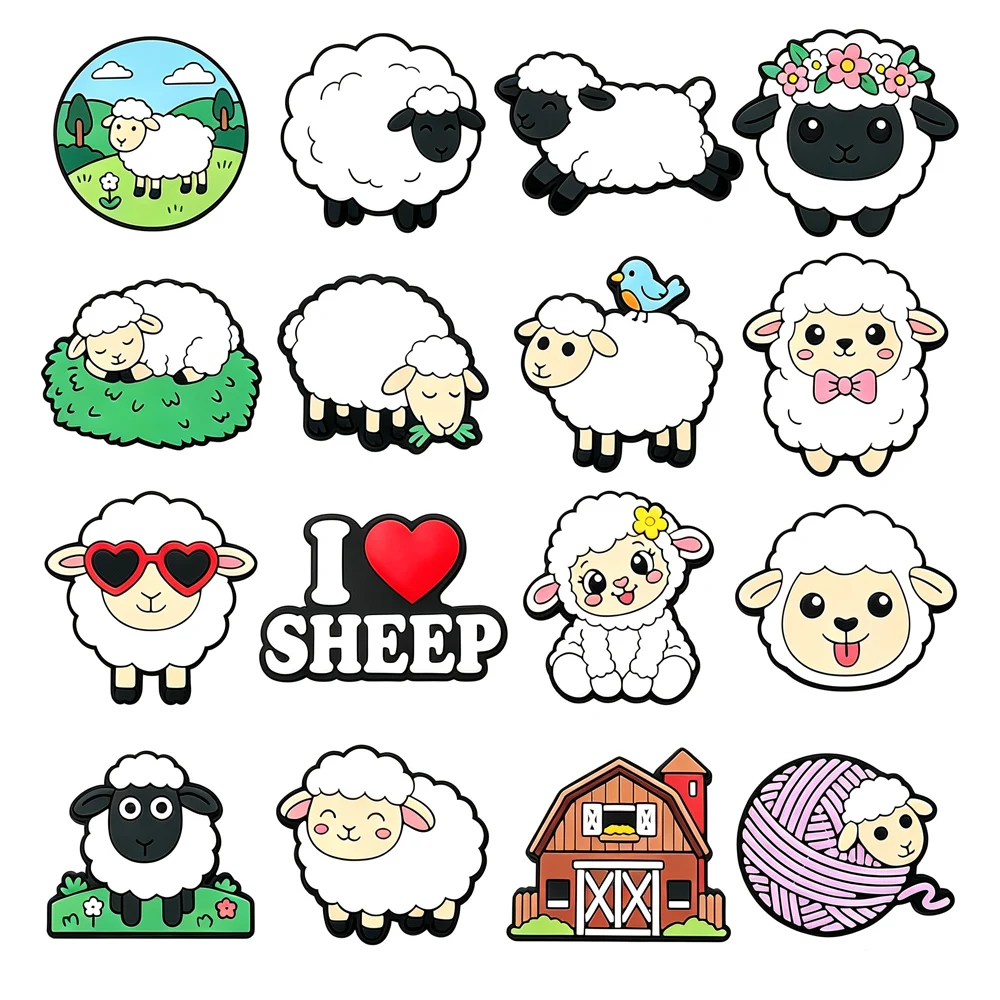 16Pcs Cute Sheep Croc Charms Set, Cute Farm Animal Shoe Decorations, DIY for Clogs Sandals, Gift for Festival