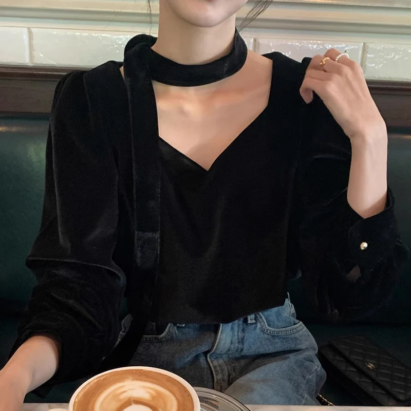 

Ele V-ne Velvet Top Women's Loose Casual Long Sve irt Ne Hanging Sa Autumn Faion Korean Sle Commute Wear