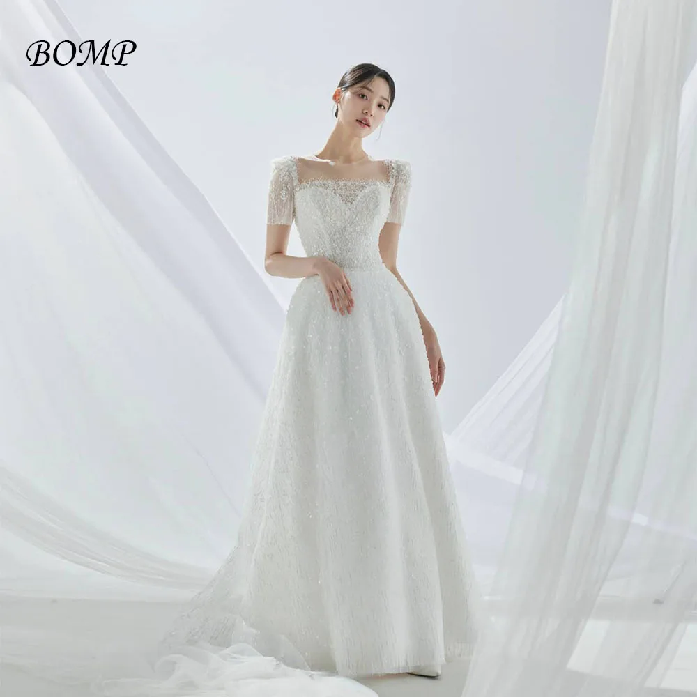 BOMP 매력적인 스위트하트 한국 웨딩 파티 드레스 짧은 소매 비즈 이브닝 가운 사진 촬영 신부 드레스 맞춤 웨딩드레스