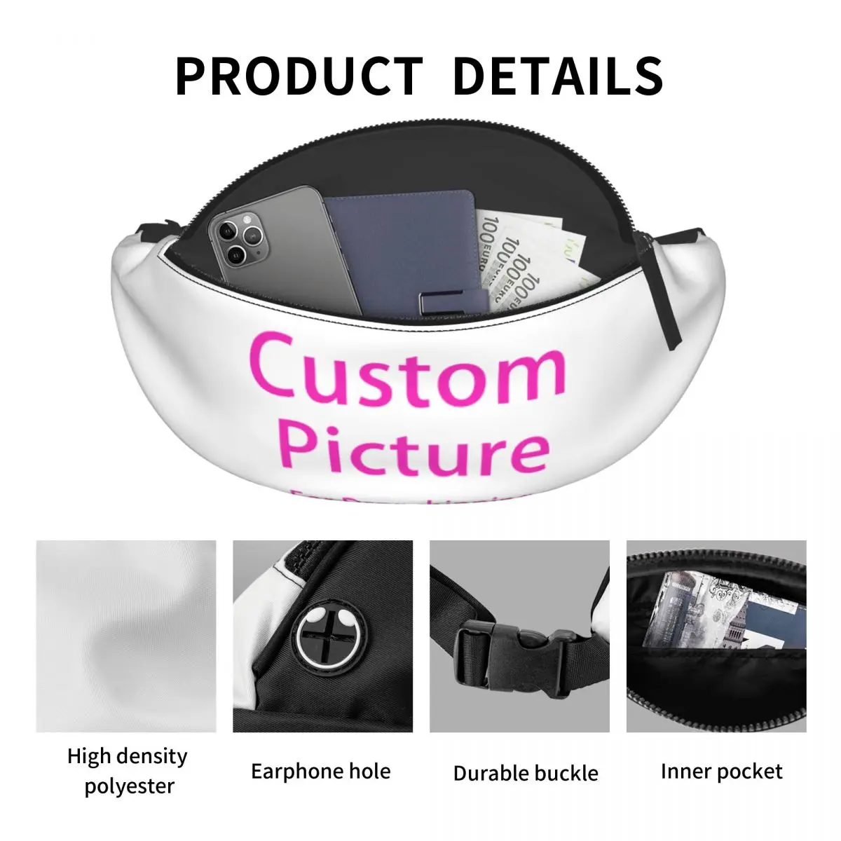 Foto personalizada personalizada logotipo feminino Fanny Pack, bolsa de cintura crossbody para correr, bolsa de dinheiro do telefone, impressão DIY