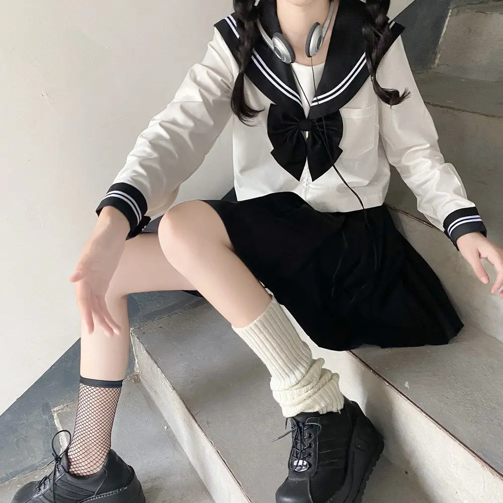 Japanese School Girl Uniform JK Black Sailor Basic Cartoon Navy Sailor Uniform Sets Navy Costume Women Girl Costume