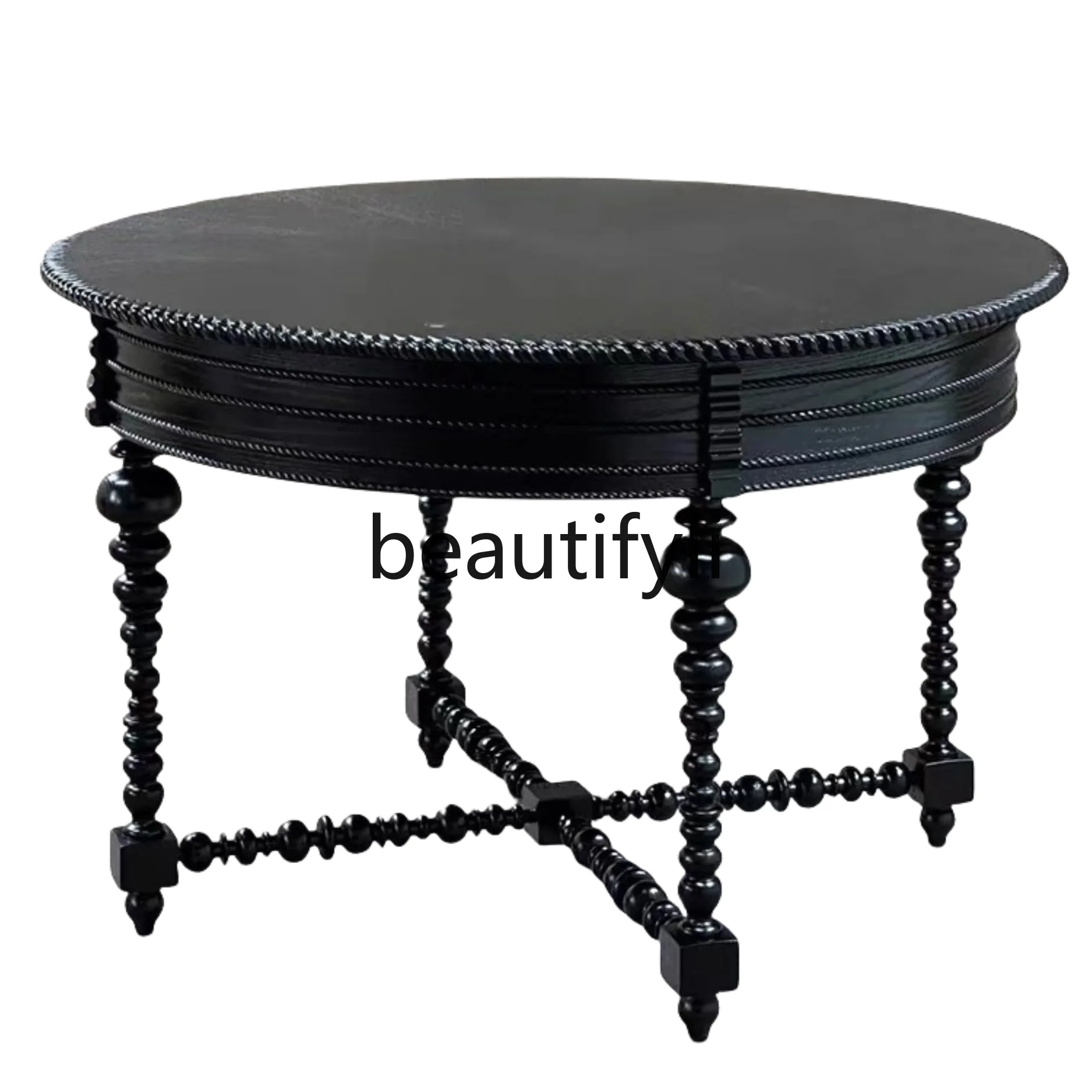 French Style Antique Solid Wood Round Table Vintage Black Dining Table High-End Restaurant Hotel Lobby Decorative Table