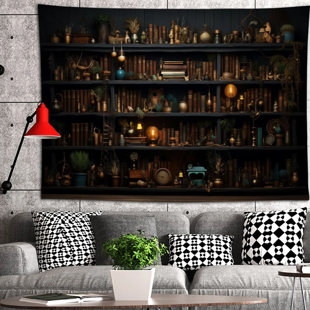 Study Room Bookshelf Tapestry with Graphic Print, Modern Style Polyester Square Decorative Wall Hanging, Suitable for Room