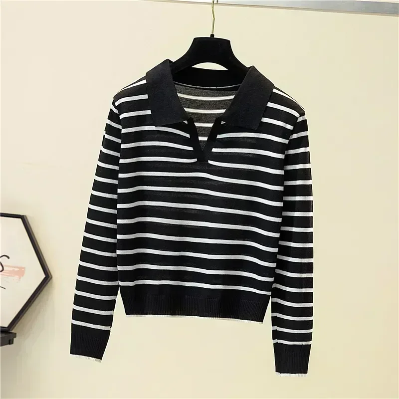 Women\'s Striped V-neck Pullover Polo Sweater Early Autumn All-match Tops Long-sleeved Knitted Bottoming Sweaters Jumpers New