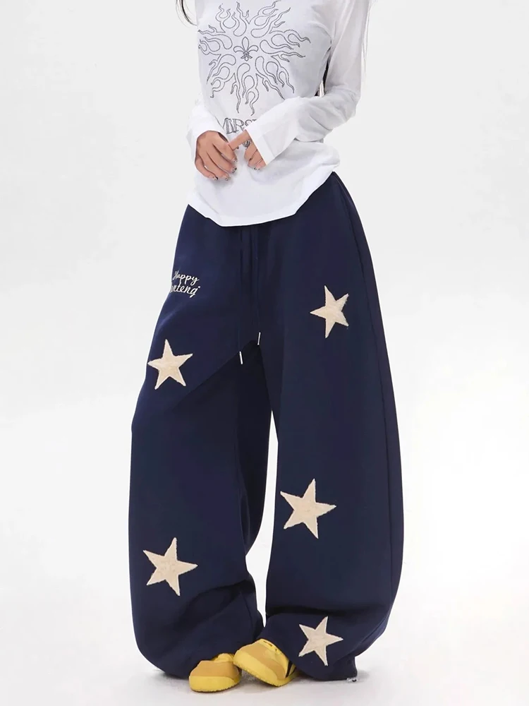 Star Embroidered Women Sweatpants Autumn High Waist Streetwear Loose Wide Leg Pants Y2K Hip Hop All Match Straight Trousers