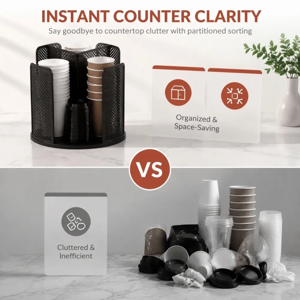 Convenient 360 Rotating Paper Cup Dispenser 4 Compartment Rotating Cup Holder Desktop Cup Rack For Coffee Shop