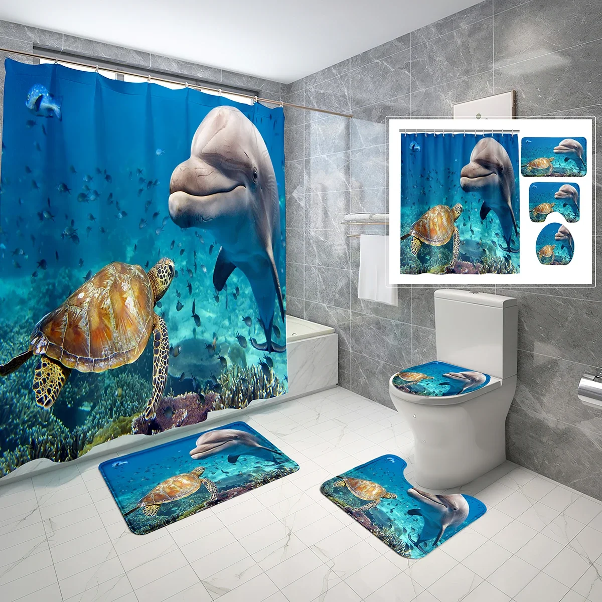 4 Pcs Shower Curtain Set Blue Sea Swimming Sea Turtle Shower Curtain Bathroom Non-Slip Bath Mat Toilet Cover Shower Curtain Set