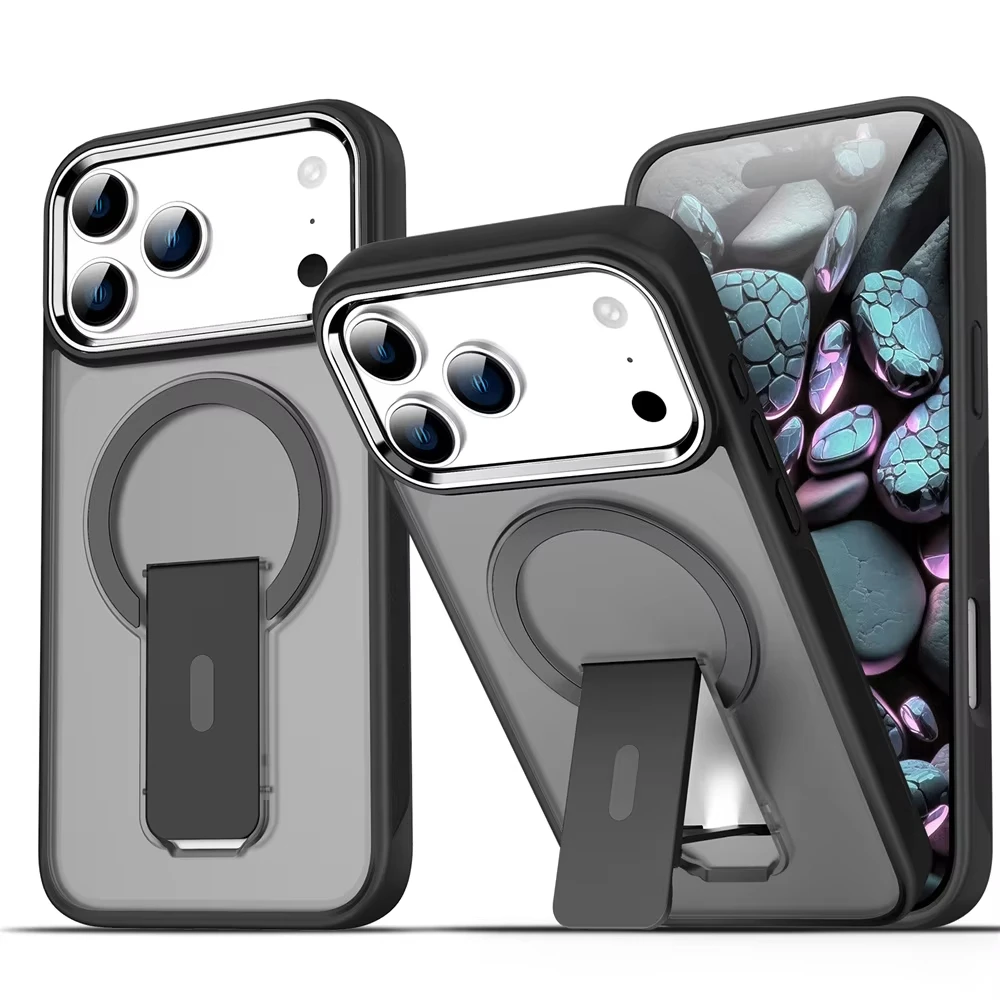 Luxury Folding Stand Magnetic Phone Case For iPhone 17 16 15 14 13 Pro Max 16e 16 15 14 Plus Air Matte Translucent Back Cover