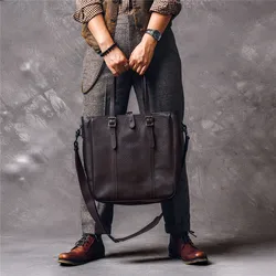 Casual Luxury Genuine Leather Men's Tote Bag Outdoor Travel Handbag Weekend Shopping Real Cowhide Large Capacity Shoulder Bag