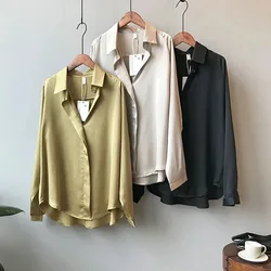 Vintage V Neck Satin Blouse for Women, Long Sleeves, Casual Fashion Tops, Elegant Shirts, Sexy, Spring, Summer, 5273