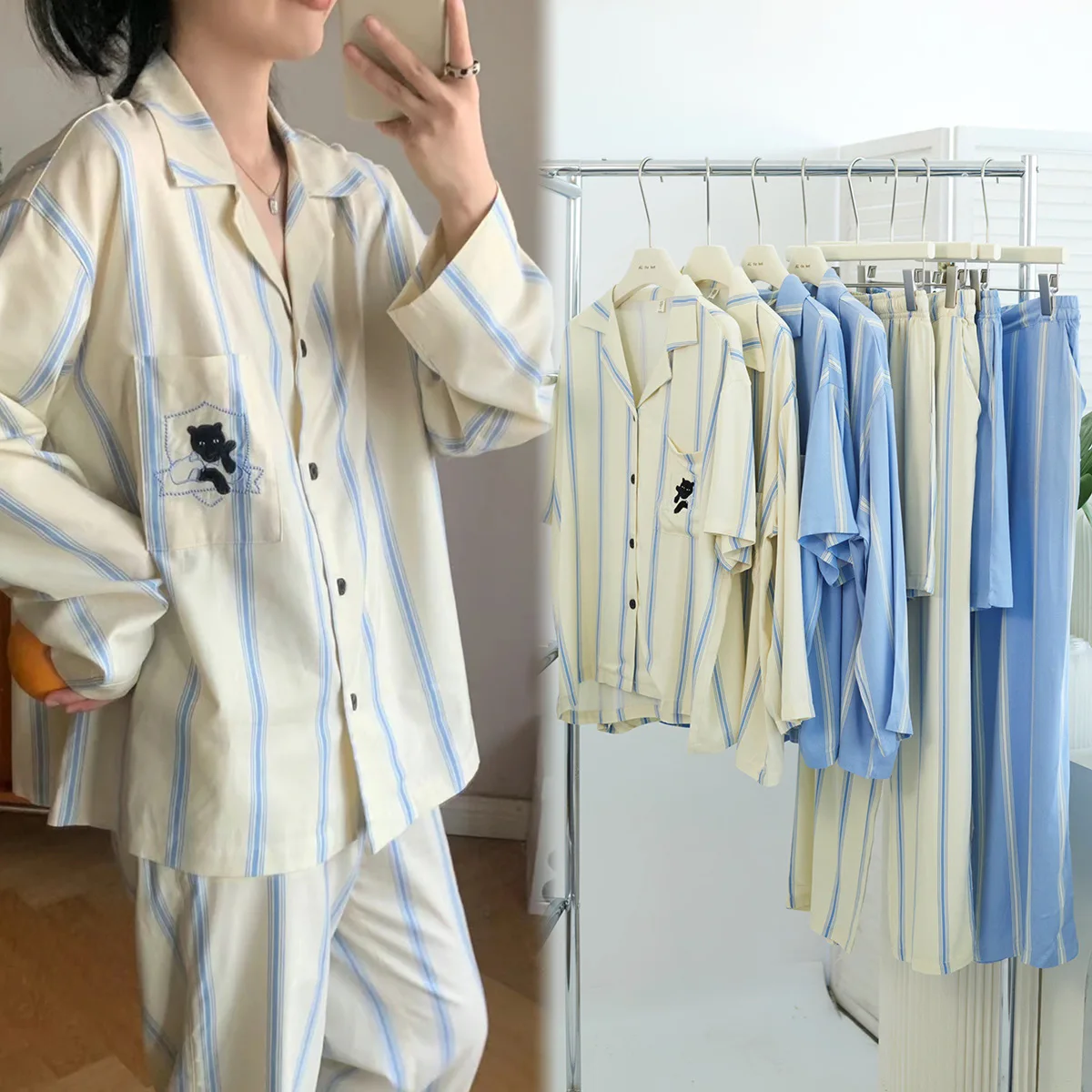 classic-striped-black-panther-cotton-pajamas-thin-comfortable-breathable-fashionable-wearable-indoors-and-outdoors-couples-sl