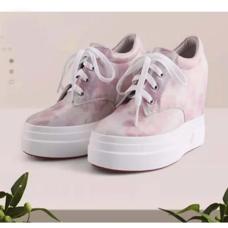 12 cm height increasing pink flowers women sneakers thick soled platform wedges high heel pumps sheepskin leather lady shoe