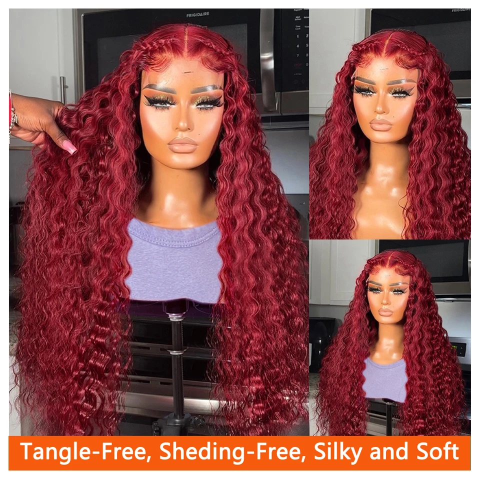 99J Burgundy Deep Wave 13x4 HD Transparent Lace Front Human Hair Wigs for Women Red Colored Water Curly Frontal Wig Pre Plucked