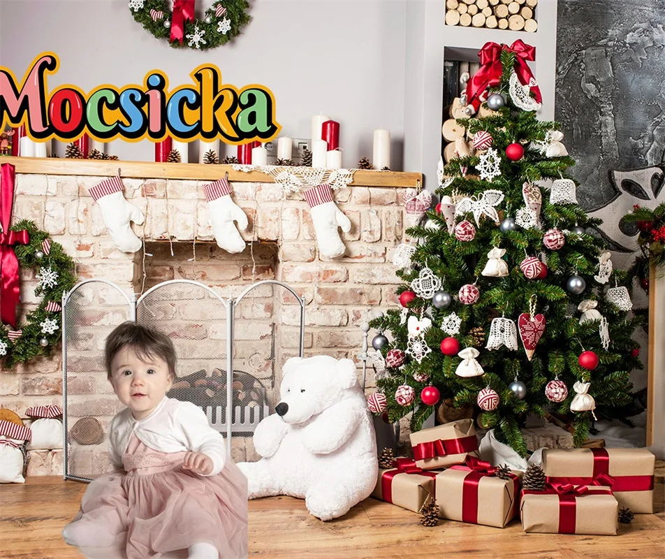 

Merry Christmas Photography Background Decor Brick Fireplace Xmas Tree Bear Party Backdrop Studio Family Portraits Props