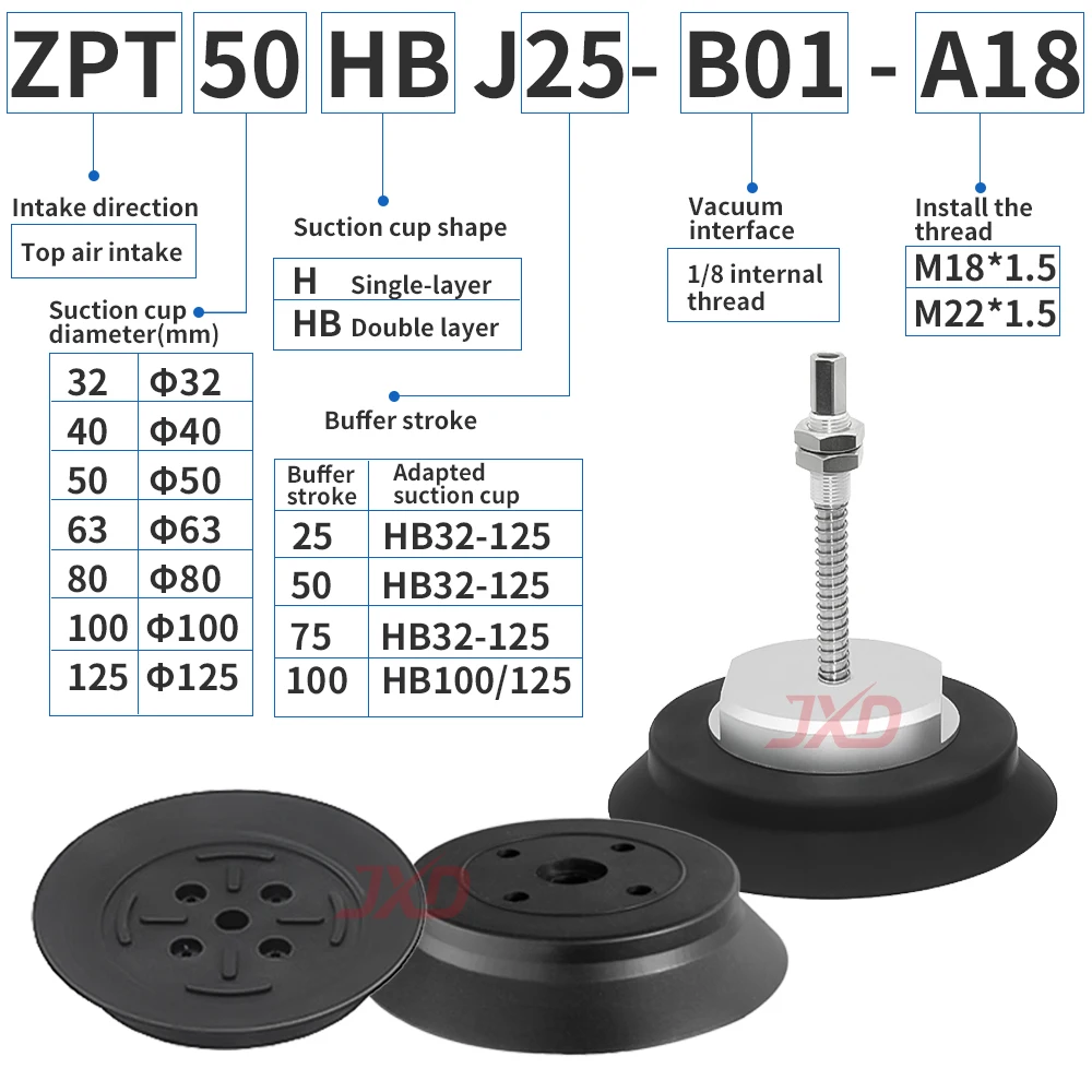 JXD Heavy-Duty Industrial Top-Air-Inlet Vacuum Suction Cup ZPT32/63/100H-J25/50-A18 High-Strength Suction Cup Buffer Fitting Set