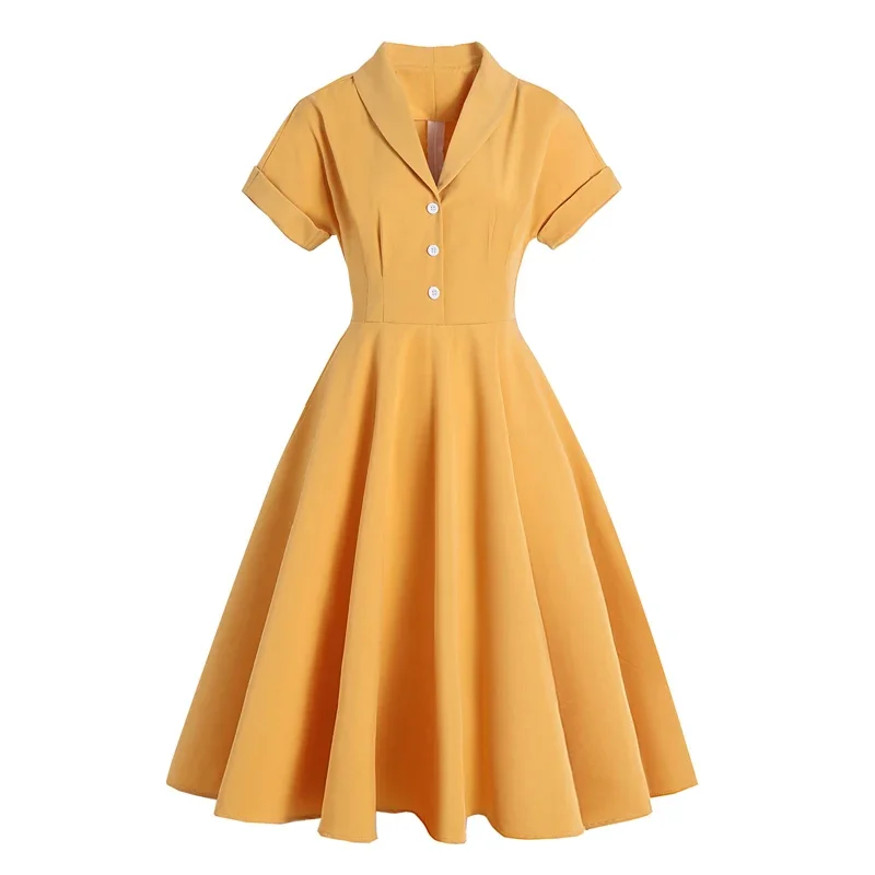 LSYCDS Turn Down Collar Button Up Elegant Women Summer Dress 1950S Vintage Style Ladies Print Solid Midi Swing Dresses