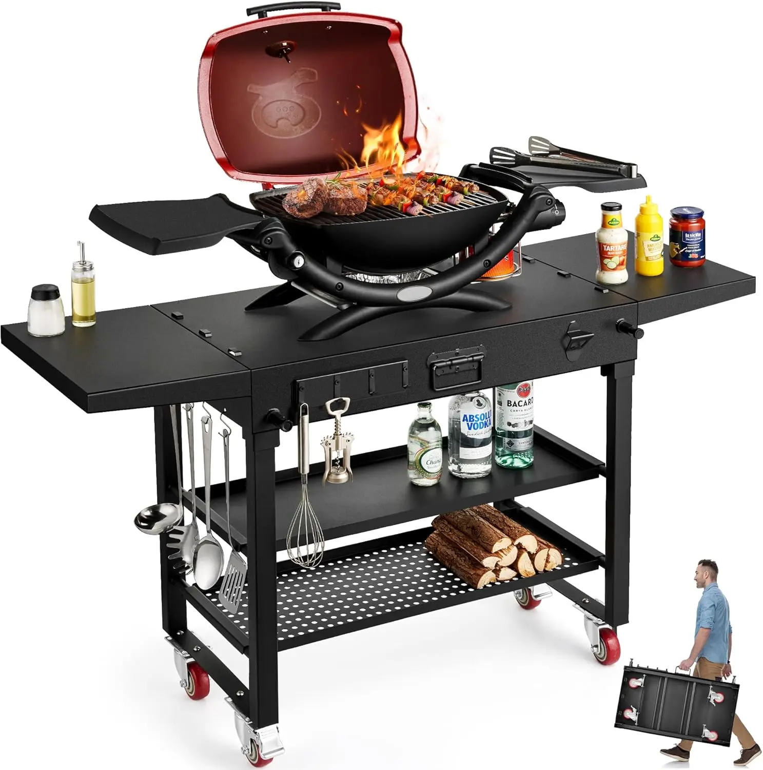 

Upgraded 3-Shelf Outdoor Grill Table Cart - 54""W X 17""D Portable Grill Cart With Wheels, Folding Grill Cart Pizza Oven Table,