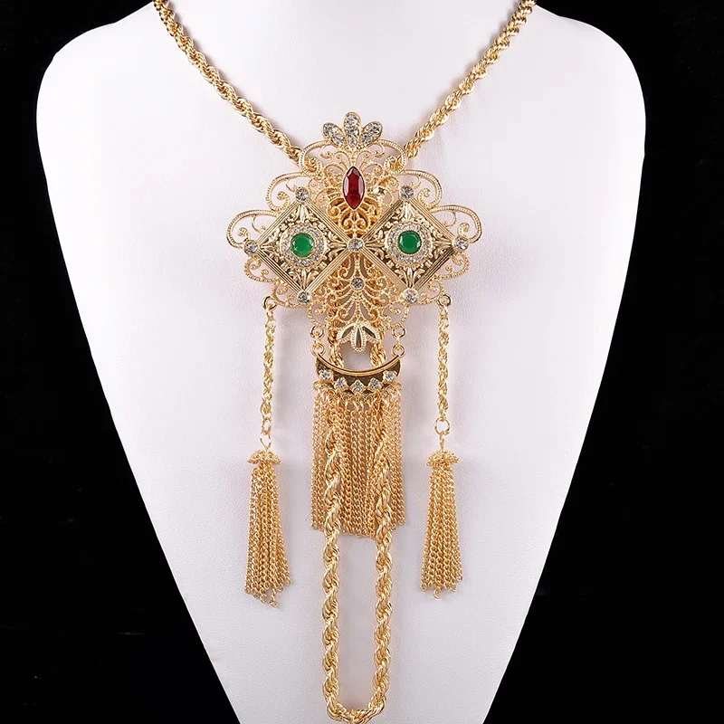 Algerian Wedding Necklace Long Chain Gold Plated Tassels Pendant with Crystals Arabic Women Shoulder Chest Jewelry