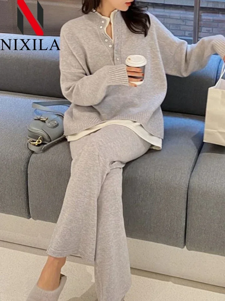 New in Autumn Winter Women Knitted Sweater Sexy Two Piece Sets Warm Casual Long Sleeve Pullovers Wide Leg Pants Ladies Suits