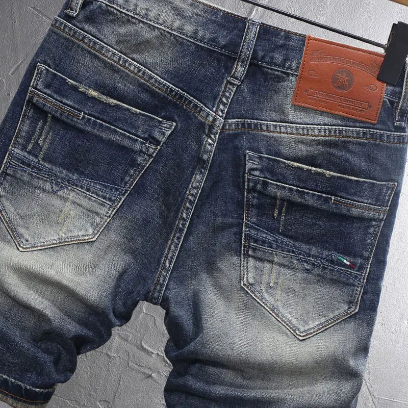 Fashion Designer Men Jeans High Quality Retro Washed Blue Stretch Ripped Short Jeans Summer Vintage Designer Denim Shorts Men