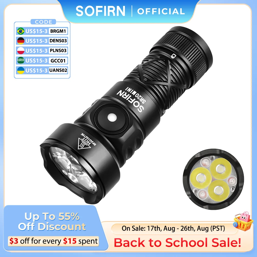 Sofirn SR20 MINI Lanterna 1200lm 18350 Luz LED branca e vermelha para camping, caça e situações de emergência IP68 à prova d'água