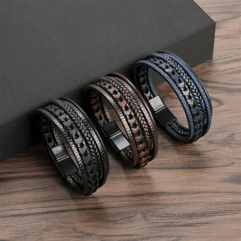 Braided Rope Woven Multilayer Leather Men Bracelets Punk Stainless Steel Magnet Bangle for Friend Charm Jewelry Wholesale Custom