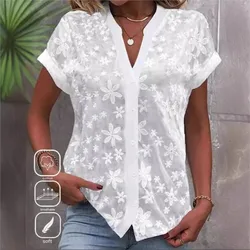 Summer Casual V-neck Solid Color Shirt For Women White Embroidered Cardigan Blouse Tops Loose Ladies Short Sleeve Top