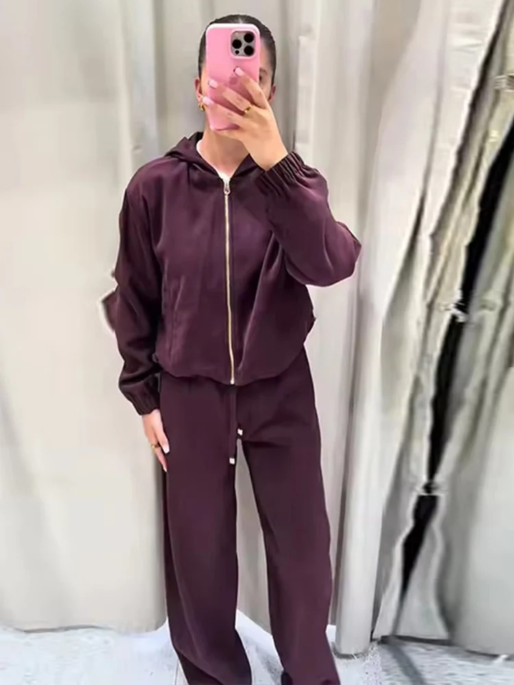 Wide Leg Pants 2 Pieces Sets For Women Long Sleeve Hooded Zipper Jacket Coat Trousers Women's Suit 2025 New Autumn Woman Outfits