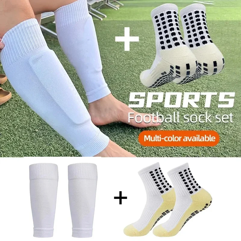 2 Pairs Set Men Football Socks and Knee Pads Calf Sleeves Adult Youth Outdoor Sports Protective Equipment Non-slip Soccer Socks