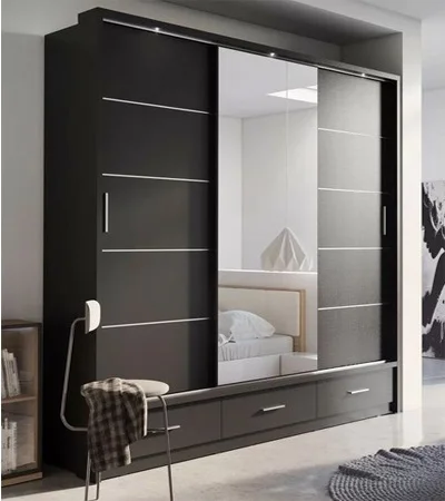 

Dark I Shape 3 Doors Melamine Bedroom Wardrobe With Mirror