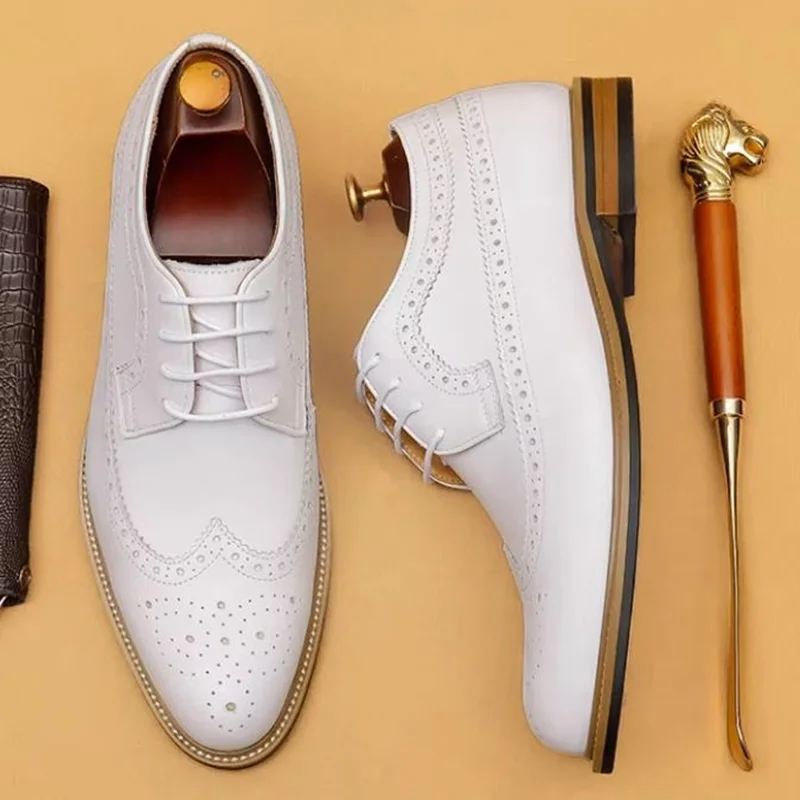 Luxury Men's Dress Shoes Genuine Leather Brogue Wingtip Toe Oxford White Lace-Up Business Wedding Formal Men Shoes