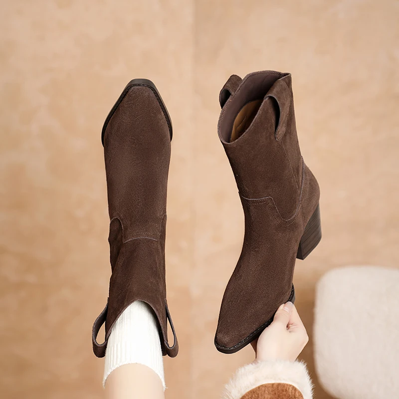 2027 New Autumn/winter Women's Boots Pointed Toe Chunky Heel Short Boots Cow Suede Western Boots Shoes for Women High Heels