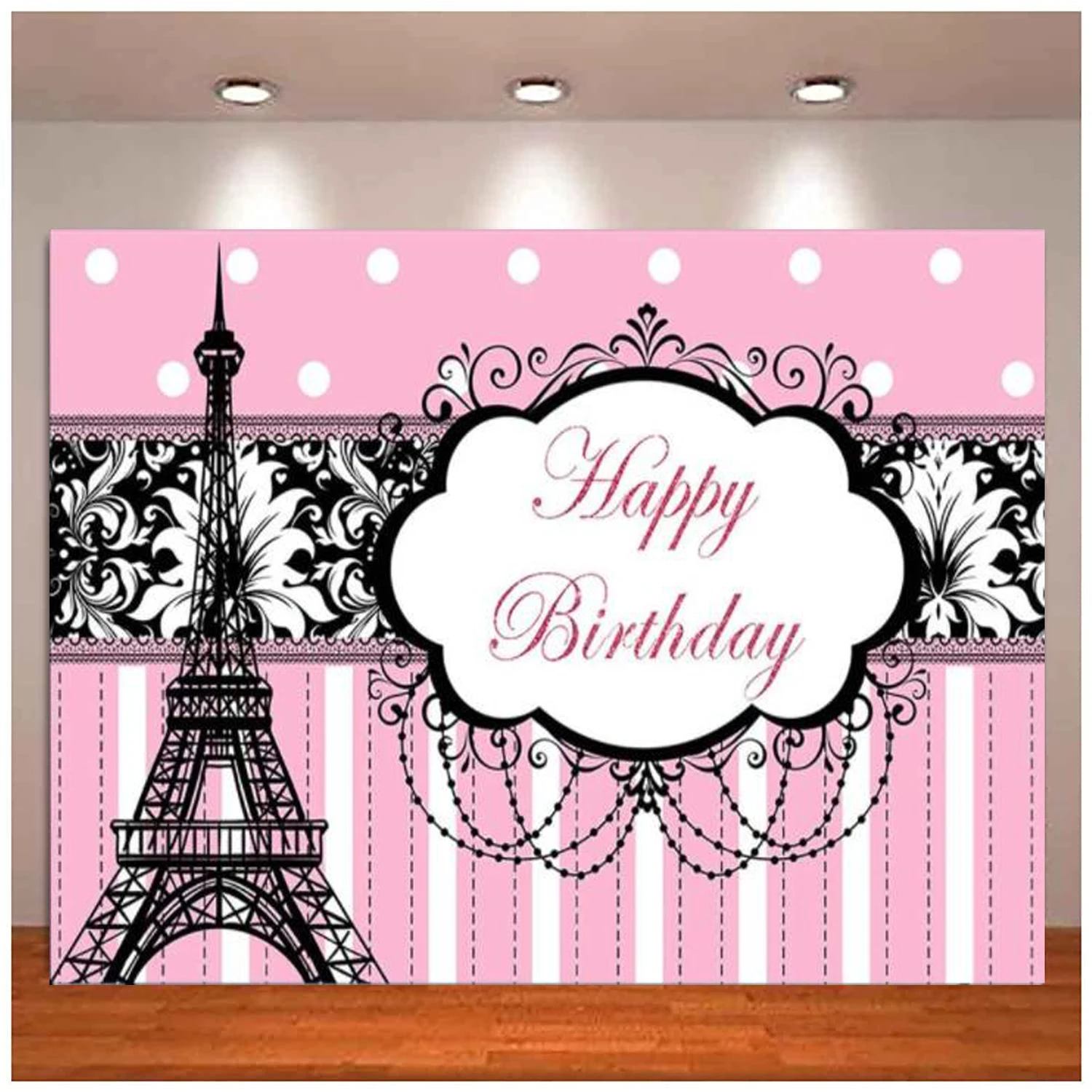 

Photography Backdrop For Girls Eiffel Tower Birthday Party Banner Sweet Pink Stripes Black Paris Decor Photoshoot Background