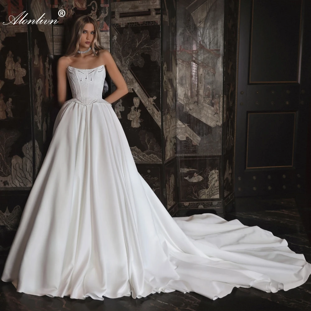 

Alonlivn Customize Made Luxury Boat Neck A Line Wedding Dresses Beading Pearls Of Corset Princess Satin Bridal Gowns