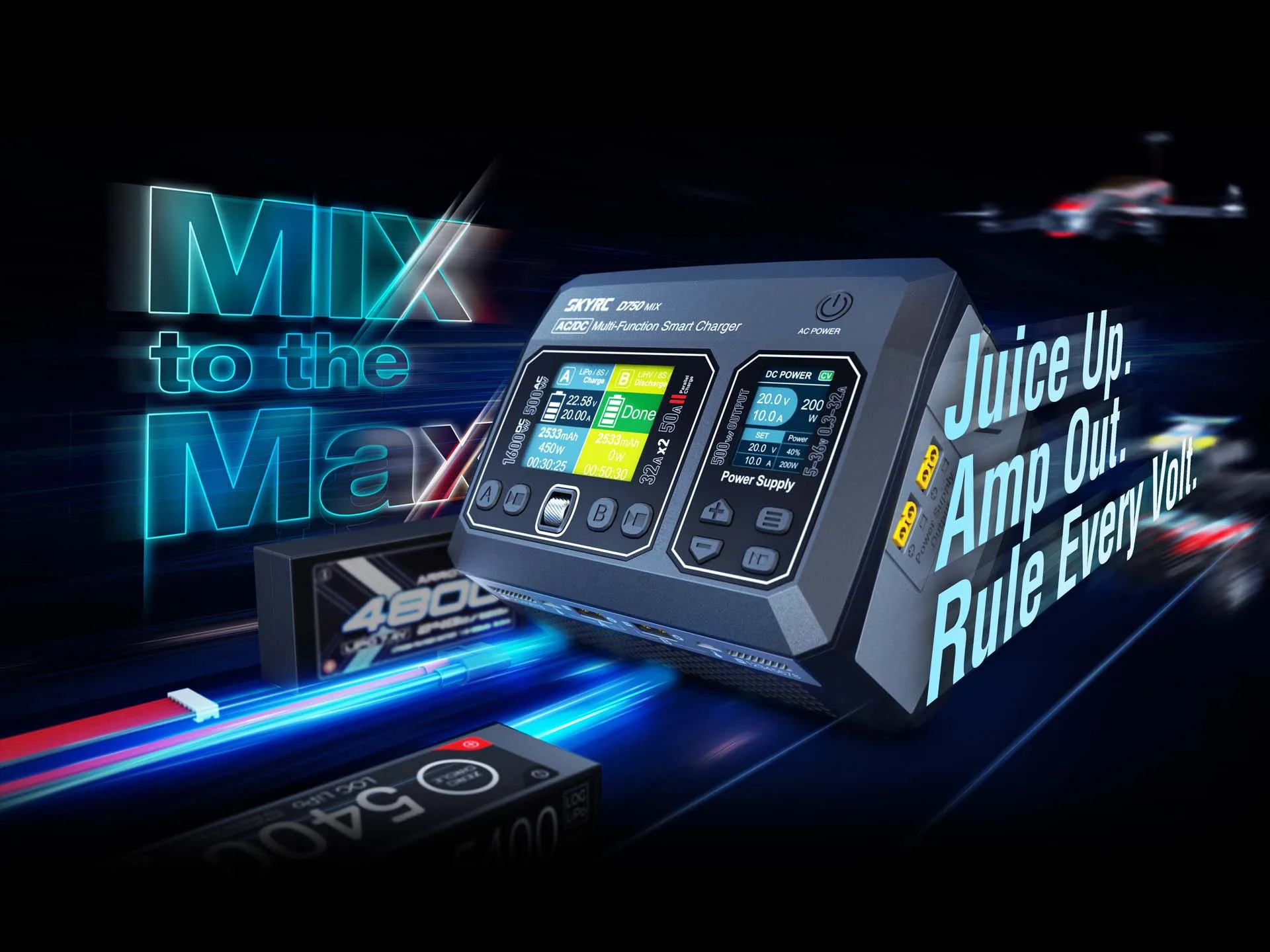

SKYRC D750 MIX Charger Dual Input Dual Output Dual Display Support 8S 29.6V Battery