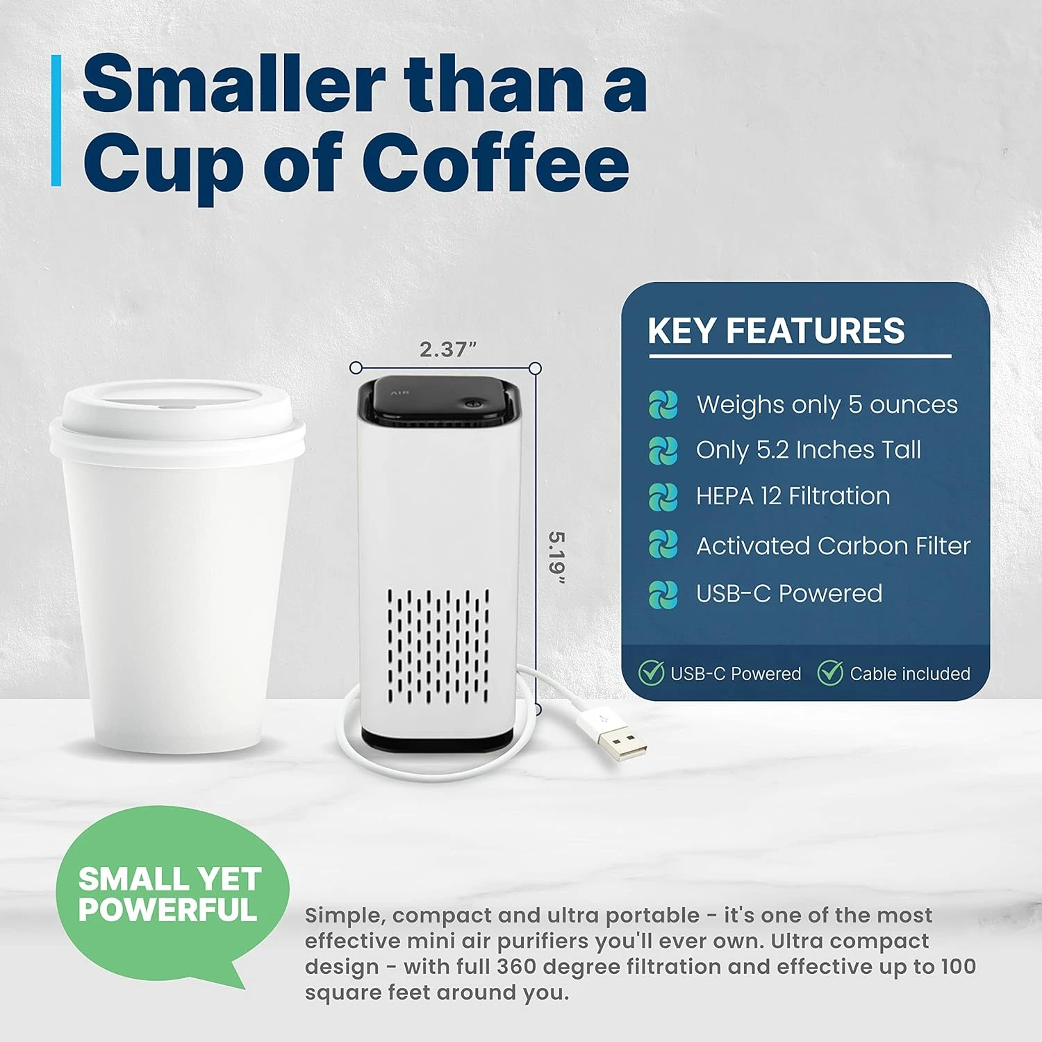 

Ultra compact and lightweight KIKI PURE A1 Mini HEPA USB-C powered air purifier - ideal for on-the-go, car, and office. Super po