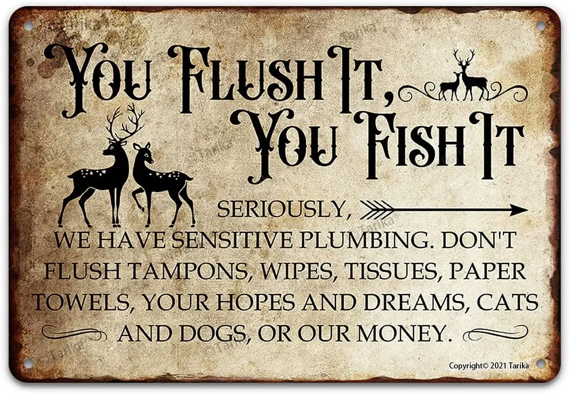 Vintage Metal Tin Sign Wall Plaque, You Flush It You Fish It, Outdoor Street Garage Home Bar Club Wall Decor 12x8 Inch